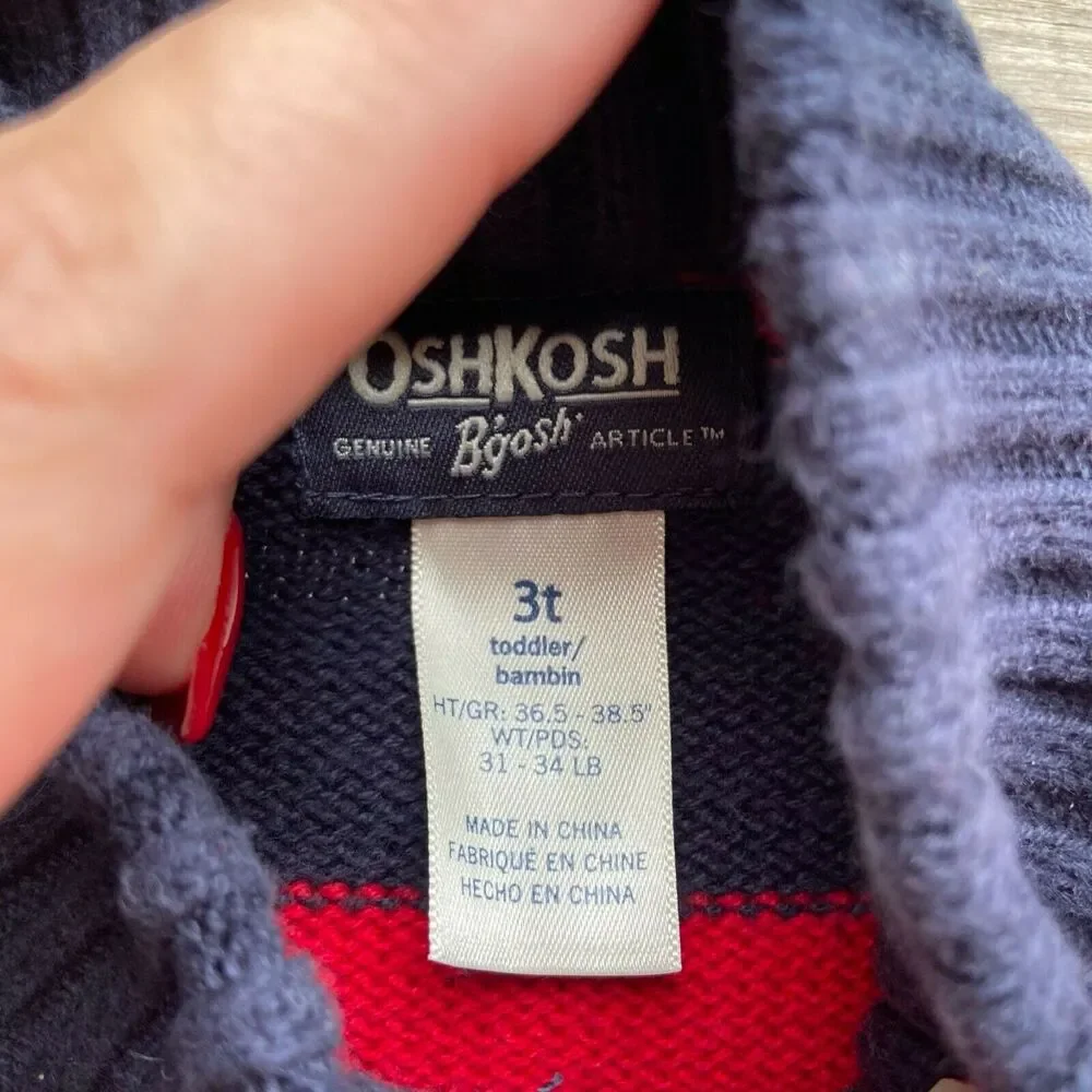 OshKosh b'Gosh‎ Boys Sweater Size 3T Red Navy Blue Striped 1/4 Zip